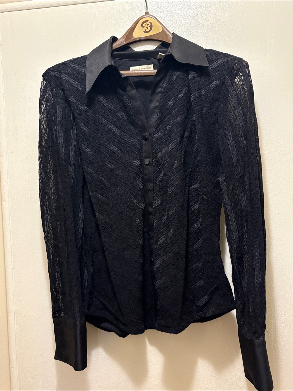 Valerie Stevens Black Sheer Lace Satin Button-Front Blouse - Picture 1 of 5